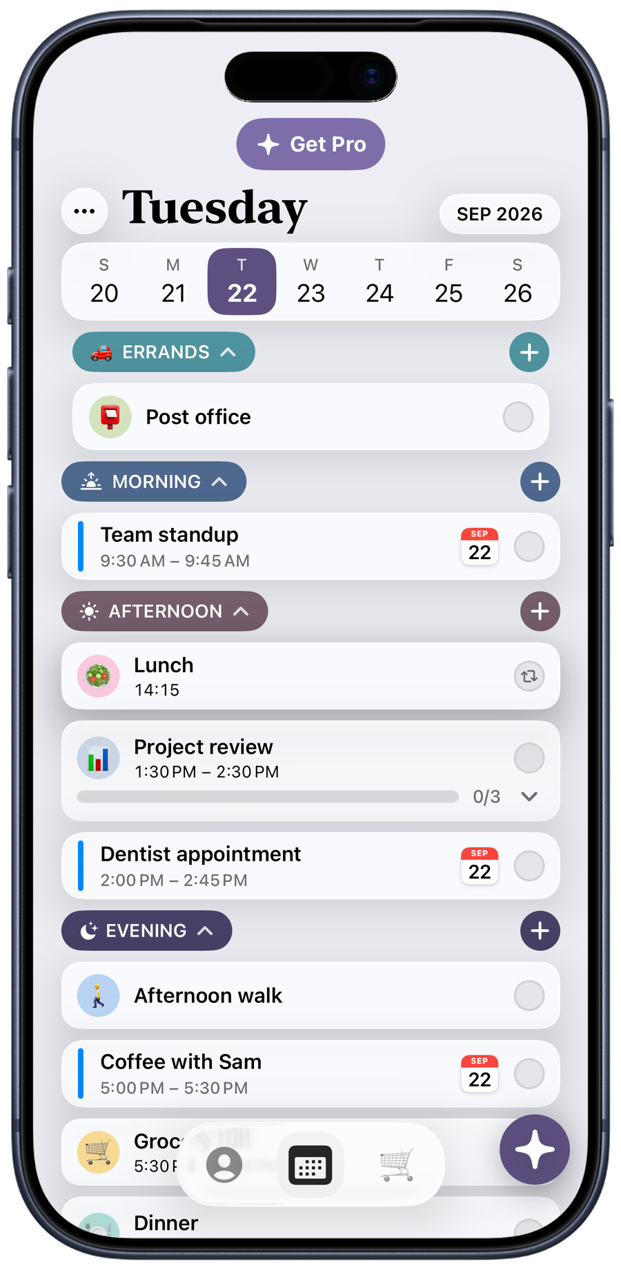 A day in Taskly: morning, afternoon and evening tasks on the schedule