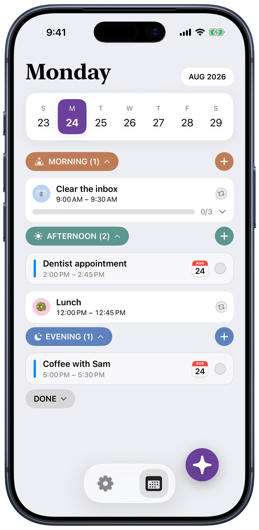 A day in Taskly: morning, afternoon and evening tasks on the schedule